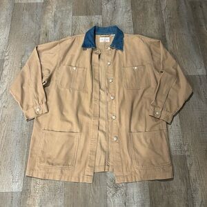 Vintage Tan Barn Jacket with Blue Denim Collar Country Western Coastal Cowgirl